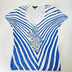 NEW VINTAGE FAUST Striped Floral Beaded Embellished Knit Top Medium Y2K